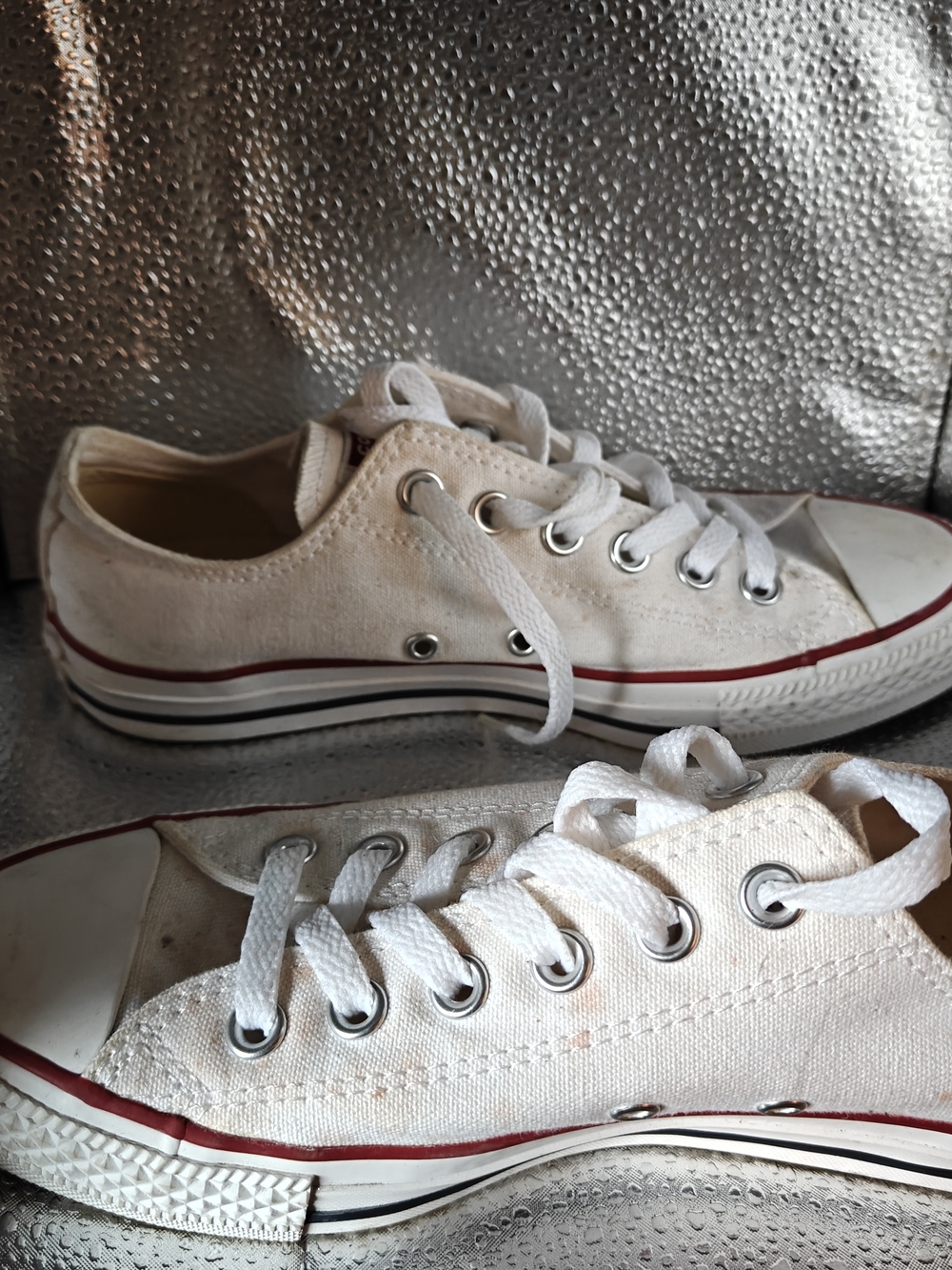 Converse Chuck Taylor White Low Top Canvas Sneakers with Red Stripe